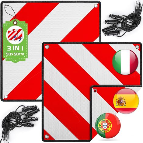 Lot de 2 panneaux d'avertissement pour porte-vélos, 3 en 1, en aluminium, rouge, blanc, réfléchissant, 50 x 50 cm, avec tendeurs, certifiés pour porte-vélos, porte-vélos, voiture, camping-car (1/5)