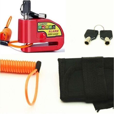 Antivol de disque de moto avec alarme 110 dB, alarme antivol de disque de moto pour moto/vélo/scooter, 2 clés, câble d'alerte de 1,5 m,rouge