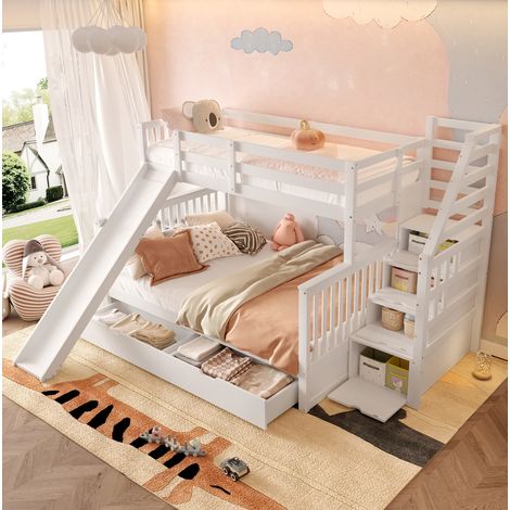 Lit superposé 90x200/140x200 cm blanc antique en pin avec tiroirs, rangements et toboggan (1/5)