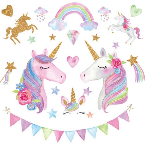 Stickers Muraux Licorne Arc-en-Ciel Autocollants Muraux Mural Stickers Nuages Étoile pour Chambre Bébé Fille Salon Garderie (1/5)