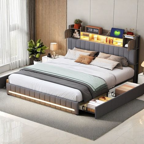 Lit Double 140x200 avec 4 Tiroirs & Éclairage LED – Tête de Lit Rembourrée en Lin Gris avec Ports USB/Type-C et Grand Coffre de Rangement (1/5)