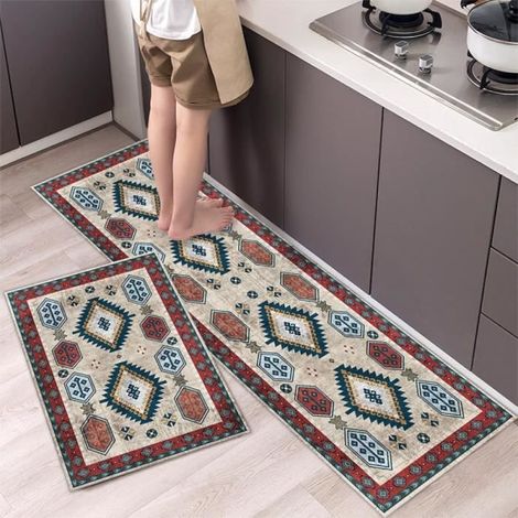 Tapis De Cuisine Antiderapants - Lot De 2 Tapis Doux Anti-Fatigue Lavables En Machine, Impression Ethnique, 40x60+40x120Cm (1/4)