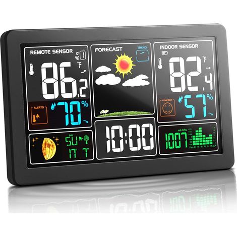 Station météo sans fil intérieure extérieure, thermomètre numérique à écran couleur, hygromètre avec horloge atomique, prévisions météo, rétroéclairage réglable, capteur extérieur inclus (1/5)