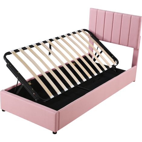 Letto per bambino imbottito 90x200 cm con contenitore idraulico in lino rosa HOMVRA (1/5)