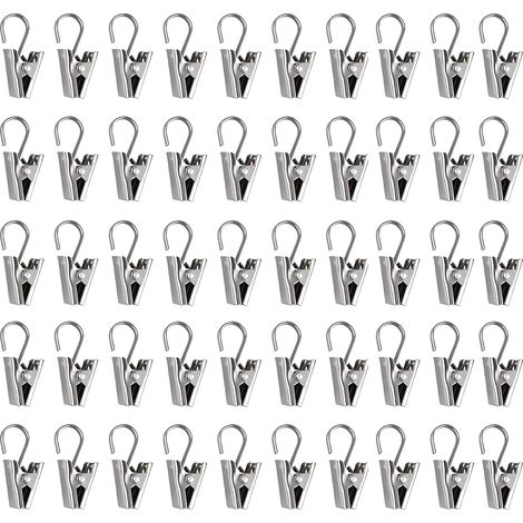 CCYKXA 50 Pieces Metal Curtain Clips, 33mm Metal Curtain Clips with Hook Rings, Stainless Steel Curtain Clips for Bathroom, Home Decoration (Silver) (1/4)