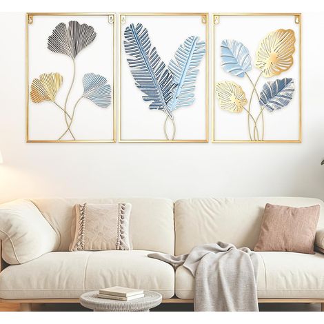 Lot de 3 décorations murales en métal, 43 × 30 cm avec cadre doré, Décoration murale moderne pour chambre à coucher, cuisine et bureau (Or/Bleu, Ginkgo, Okra et feuilles de banane) (1/5)