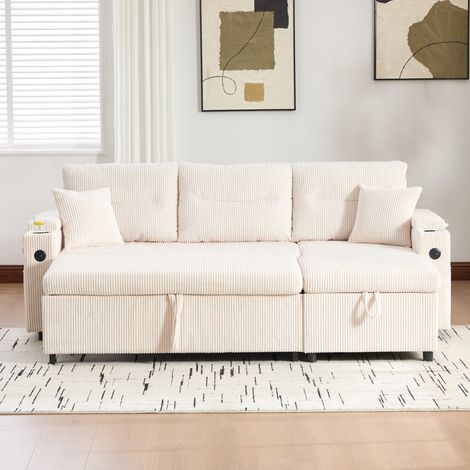Canapé convertible 212.5x136x86 cm beige en velours côtelé avec méridienne coffre, USB-C et porte-gobelets (1/5)