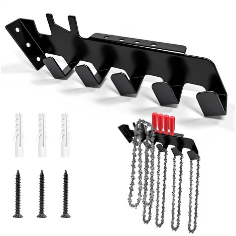 Support Tronconneuse, Porte Outils Mural avec Visserie, Support Débroussailleuse Murale en Métal, Rangement Outils Jardin, Crochets Muraux pour Tronçonneuses, Balais, Tuyau Arrosage, Noir (1/5)