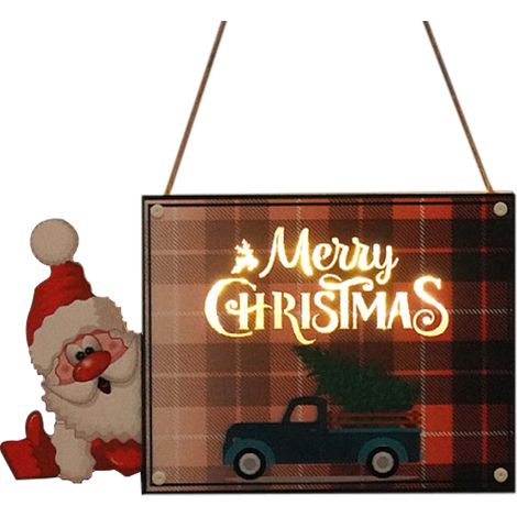 (SDMP-02A Chariot à carreaux rouges) Panneau de Noël suspendu en bois avec éclairage LED, décoration de porte/murale, 30 x 17,5 x 2,5 cm (Deux piles AAA requises) (1/2)