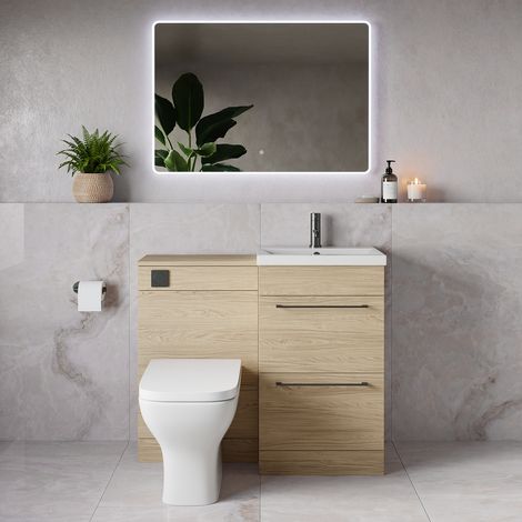 Napoli 390 Light Oak 1000mm 2 Drawer Vanity Unit Toilet Suite with Glide Basin - 1000mm - Gunmetal Grey 320mm HandleWith Kingston Toilet Pan and Seat