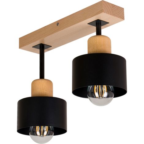 Lámpara de techo negra de madera y metal de estilo escandinavo, 2xE27, iluminación LED moderna para salón, cocina, dormitorio, habitación infantil, loft. (1/5)