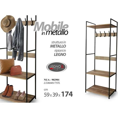 Kleiderständer aus Metall und Holz mit 5 Haken 59x39x174