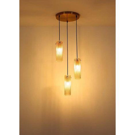 Suspension, applique, plafonnier, doré, verre ambré, 3 lumières, H 120 cm