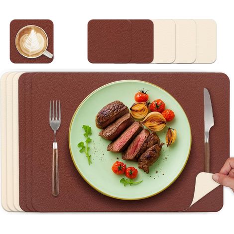 Lot de 6 sets de table ovales en cuir lavable, double face, antidérapants, rouge bordeaux et blanc crème. (1/5)
