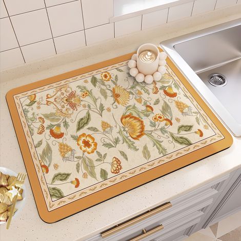 Tapis absorbant et antidérapant pour cuisine – Tapis d’égouttage isolant pour plan de travail, résistant à la saleté et facile à nettoyer – Modèle « Fleurs épanouies », forme carrée, 50 x 80 cm-lsw