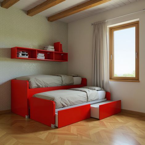 Coppia letti singoli scorrevoli con ruote e contenitori - Made in Italy - Rosso