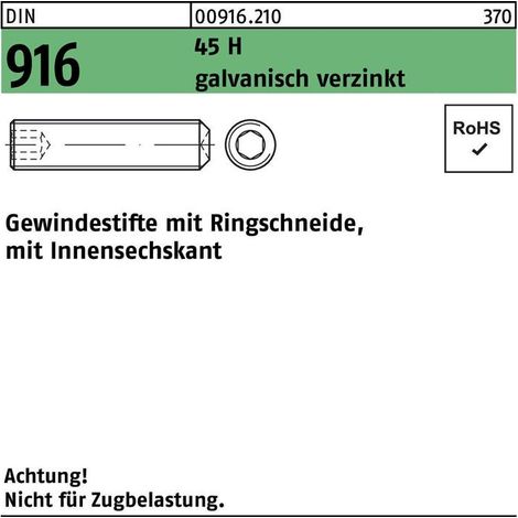 DIN 916/ISO 4029 Gewindestift VG M5x8 Stahl 45H galvanisch verzinkt Innensechskant m. Ringschneide 1000 Stk