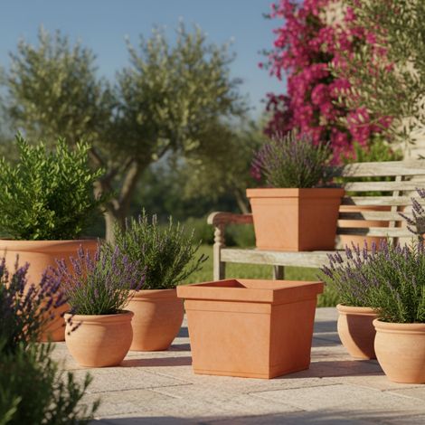 Vaso Quadro Liscio quadrato in resina per piante e fiori "Made in Italy" -Terracotta