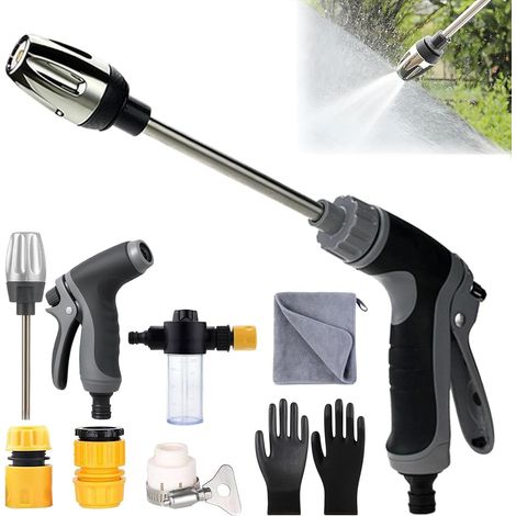 Pistola de hidrolavadora de alta presión con accesorios y depósito de espuma, 15 veces más potente, ajustable y universal para coche, patio y jardín (1 unidad)