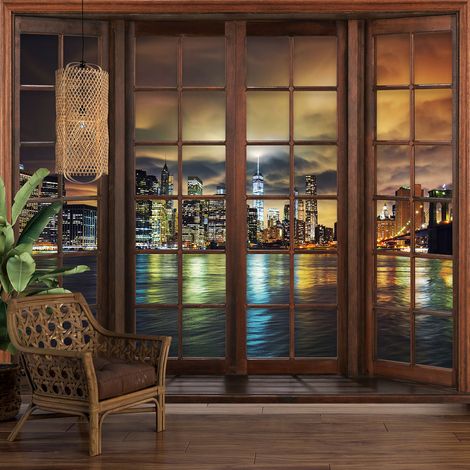 Papier peint panoramique Trompe l'oeil Fenêtre en bois - New York - 130 cm x 104 cm (1/5)
