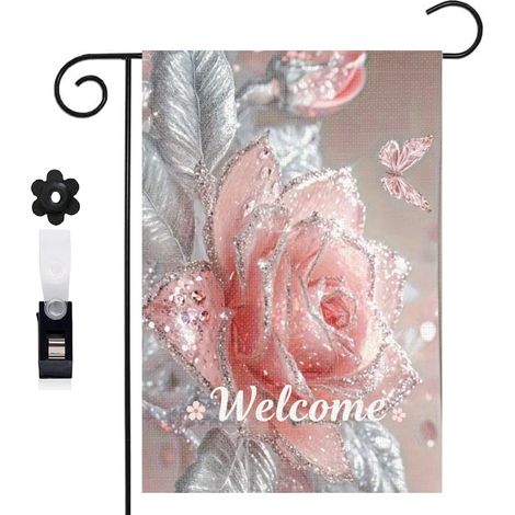 Drapeau vertical Welcome rose et effet scintillant 30 x 45 cm décoration saisonnière cour (1/5)