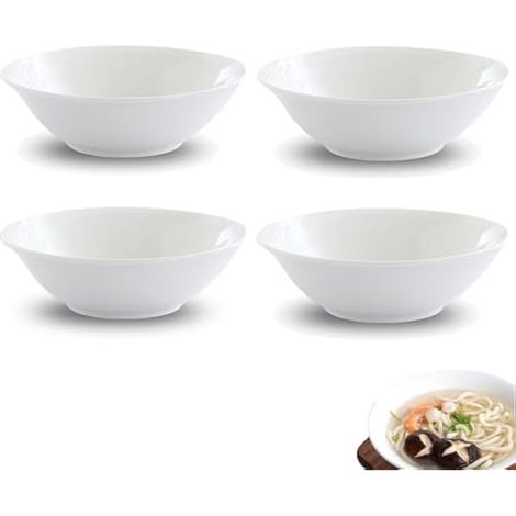Lot de 4 grands bols de service, en porcelaine blanche, pour ramen, fruits, dessert, soupe, céréales, diamètre extérieur : 17,2 cm (1/4)