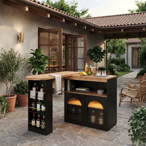 URBAN MEUBLE Table de bar d'extérieur extensible pivotante noire avec rangement et bandes lumineuses LED à couleur réglable