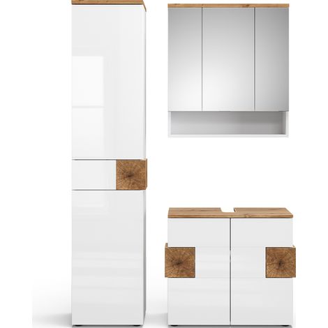 Conjunto de muebles de baño Eden, Blanco, 3 partes, con mueble alto, Vicco