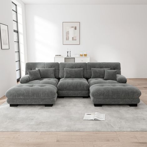 Modulares U-förmiges Ecksofa – 313 x 145 x 81 cm – ausziehbar mit Hockern – Chenille-Stoff – grau