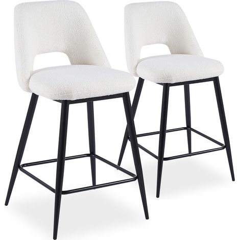 Lot de 2 chaises de bar Ecuador Métal Noir et Tissu bouclette Crème