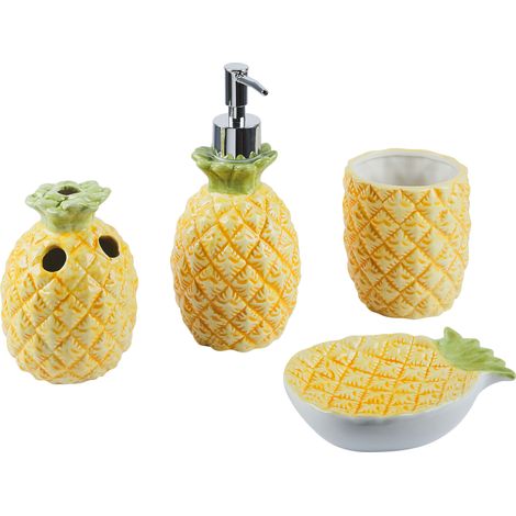 Conjunto de accesorios de baño de dolomita amarillo dispensador jabonera portacepillos vaso diseño de piña moderno Maicao
