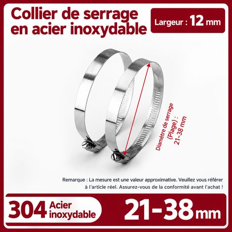Collier de serrage tout inox 304 21-38 mm bande 12 mm pour tuyau d'eau gaz et évacuation 21-38 304 12 14 g – Livraison gratuite