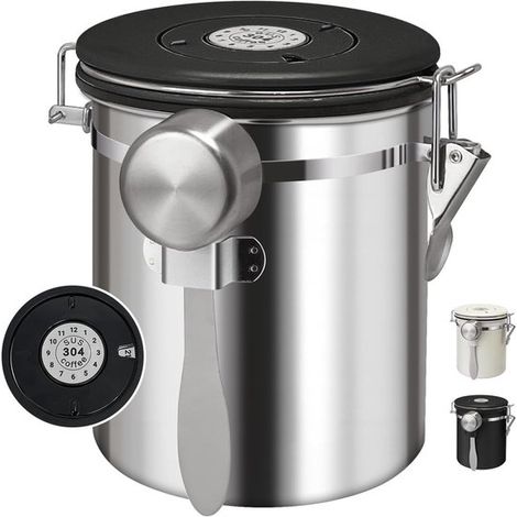 Cafetera de vacío hermética de 1,5 L, recipiente de almacenamiento de acero inoxidable para granos de café/café molido, incluye cuchara medidora. Apta para café molido, arroz. (1/5)