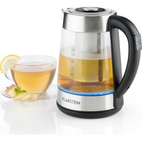 Klarstein Bouilloire - 1,7 L & passe-thé - 2-en-1 - 2200W LED - Bouilloire électrique - inox & verre - Théière - Filtre calcaire en inox intégré - Transparente