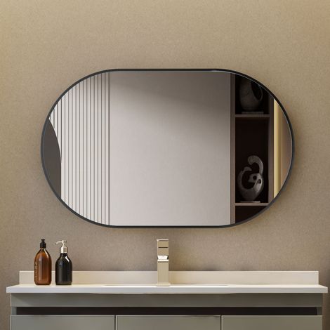 Wandspiegel Spiegel mit Rundbogen 50x80cm mit Metall Rahmen Matt Schwarz. Badezimmerspiegel Wand Spiegel HOCH und QUER Montage möglich. Ovaler Großer Designerspiegel mit schwarzem Rahmen (1/5)