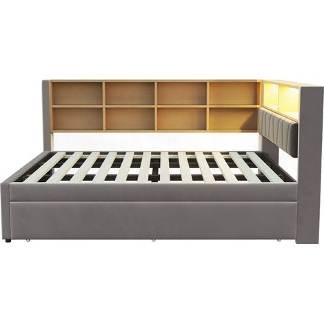 Cama multifuncional con cama nido 140 x 200 cm y LED, gris oscuro, HOMVRA (1/5)