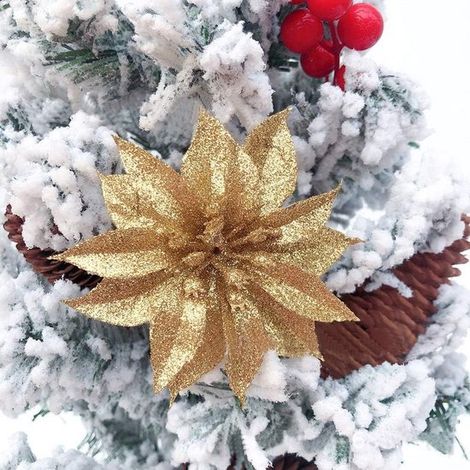 Déco sapin Noël rose-blanc : 10 fleurs artificielles doubles en tissu doré, roses pailletées, ornements festifs pour arbre. (1/5)
