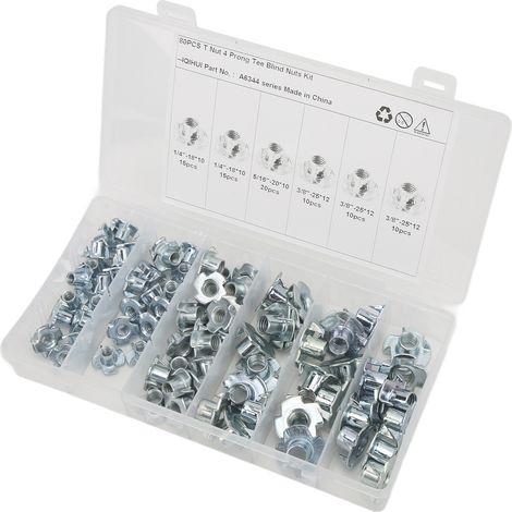 Verzinkte Klauenmuttern aus Kohlenstoffstahl, Packung mit 80 Stück, radfest, hochbelastbar, Größen 1/4 Zoll 5/16 Zoll 3/8 Zoll, T-Muttern für starke Befestigung. (1/5)