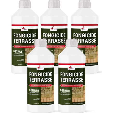 Arcane Industries – Anti-mousse fongicide concentré pour terrasses et sols – Élimine dépôts verts, algues, lichens – 5L – Application facile et économique