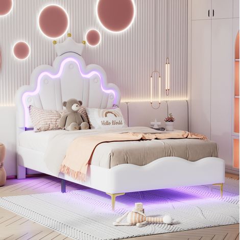Lit 90x200 cm LED PU blanc, tête nuage HAVRYA (1/5)