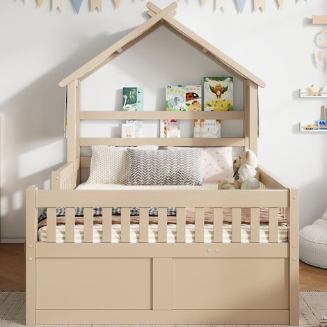 Lit plateforme en bois,en forme de maison,140 x 200 cm,avec lit lit extensible,3 tiroirs et barres de sécurité,Cream (1/5)
