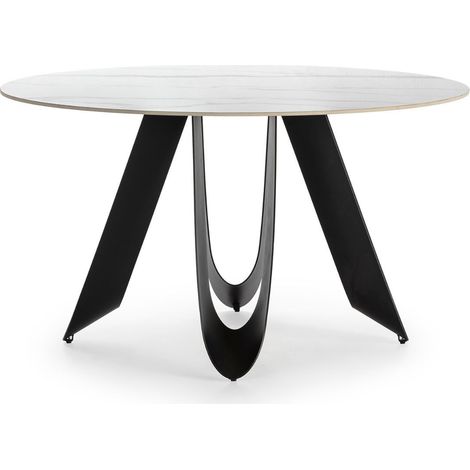 Table de repas design Ø 134 cm avec plateau céramique imitation marbre blanc pied métal noir architectural - LEILA (1/5)