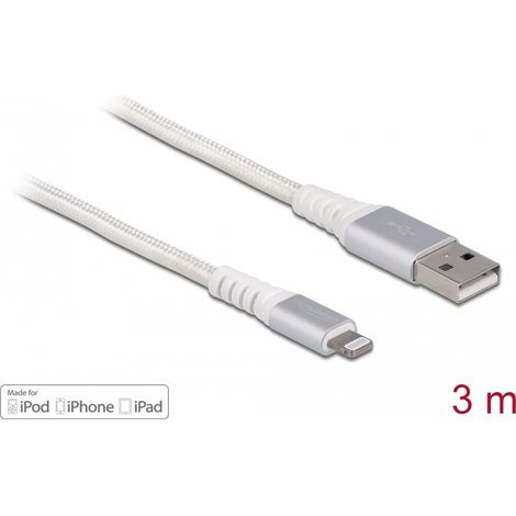 Delock Cable USB de datos y carga para iPhoneâ¢, iPadâ¢, iPodâ¢ DuPontâ¢ KevlarÂ® blanco 3 m