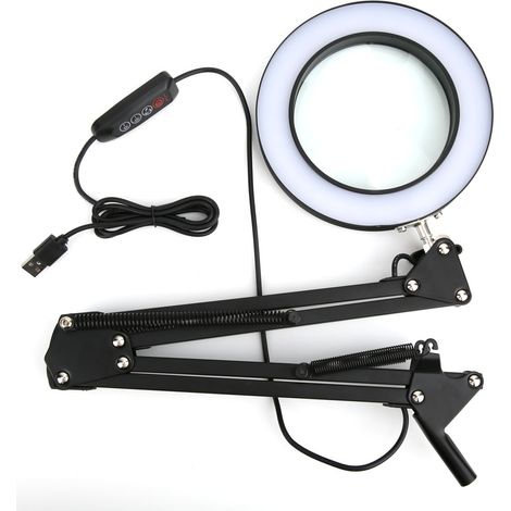 Loupe Agrandissante LED - 5x - Réglable en Couleur et Luminosité - Bras Rétractable 22 cm - Pince Métallique pour Bureau - USB 5 V - 1 Pièce (1/5)