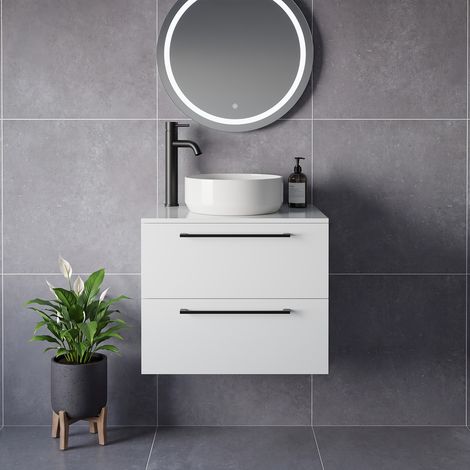 Napoli 460 Gloss White 600mm Wall Mounted 2 Drawer Vanity Unit for Countertop Basins - 600mm - Matt Black 320mm Handle