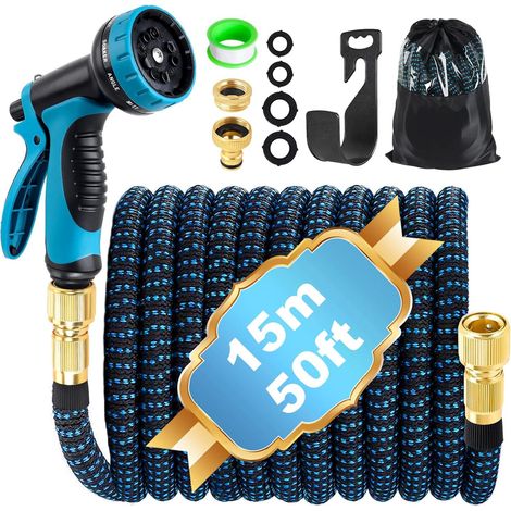 Tuyau Arrosage Extensible 15m 50ft, Tuyaux d'arrosage Retractable à 10 Modes Pistolet, 3/4" 1/2" Raccord, Tuyau d'arrosage Flexible pour Jardin (1/5)
