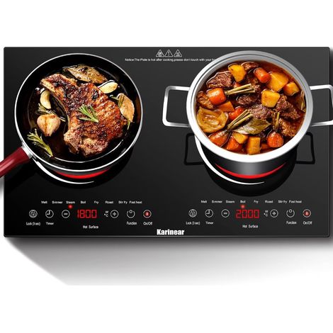 Plaque Vitrocéramique 2 Feux à Poser, Karinear, Plaque Electrique Posable 2 Foyers, Plaque de Cuisson Electrique Portable avec Prise VDE, Sécurité Enfant, Indicateur de Chaleur Résiduelle, 220-240V