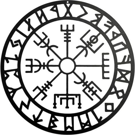 Viking Compass Wall Art, Nordic Compass Sculptures Black Hollow Iron Metal Wall Hanging for Bedroom Modern Bedroom Metal Wall Decoration (28cm) (1/4)
