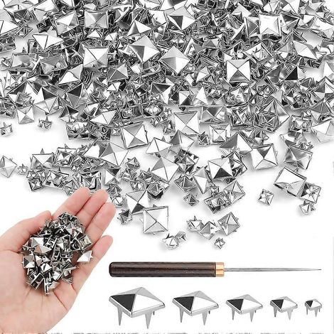 Set mit 300 quadratischen Pyramidennieten, silbernen Spitzen und Nieten mit einem Holzgriff-Locher, für Punkrock-Kleidung, Gürtel und Taschen (1/5)