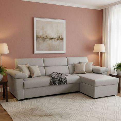 Dmora - Sofá cama con península Priverno, Sofá esquinero convertible para salón, acolchado, desenfundable, 100% Made in Italy, 285x160 h100 cm, Gris claro (1/5)